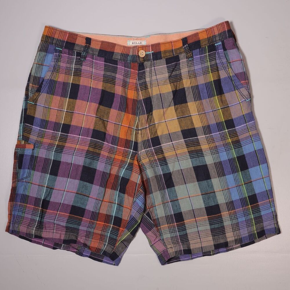 Tommy Bahama Chino Shorts 100% Linen Relax Multicolor Plaid Mens 38 x 9.5"